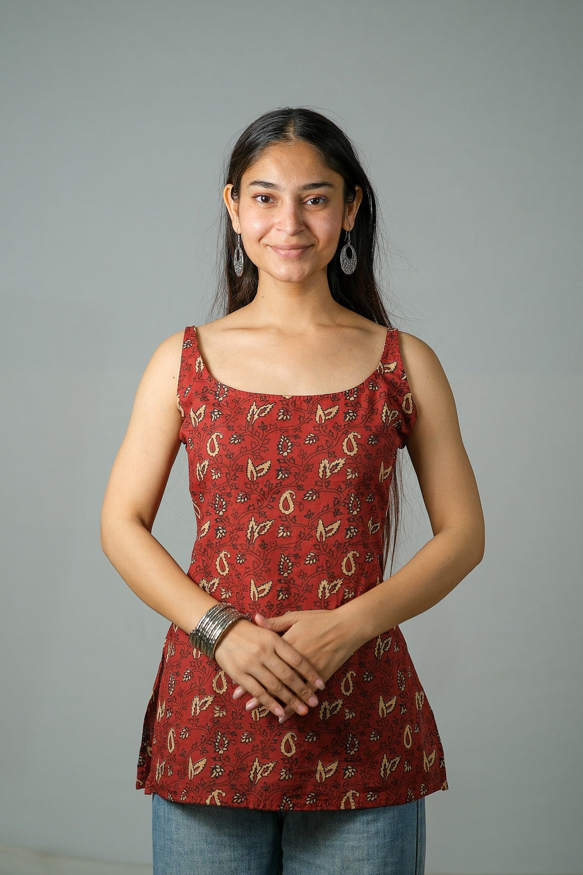 Aarohi – Convertible Printed Cotton Kurti Set (Rust Red)