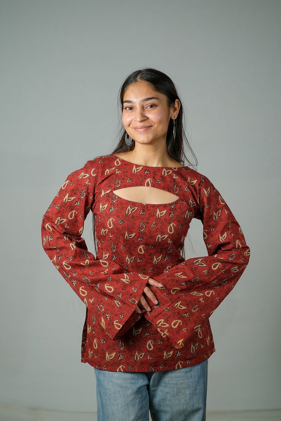 Aarohi – Convertible Printed Cotton Kurti Set (Rust Red)
