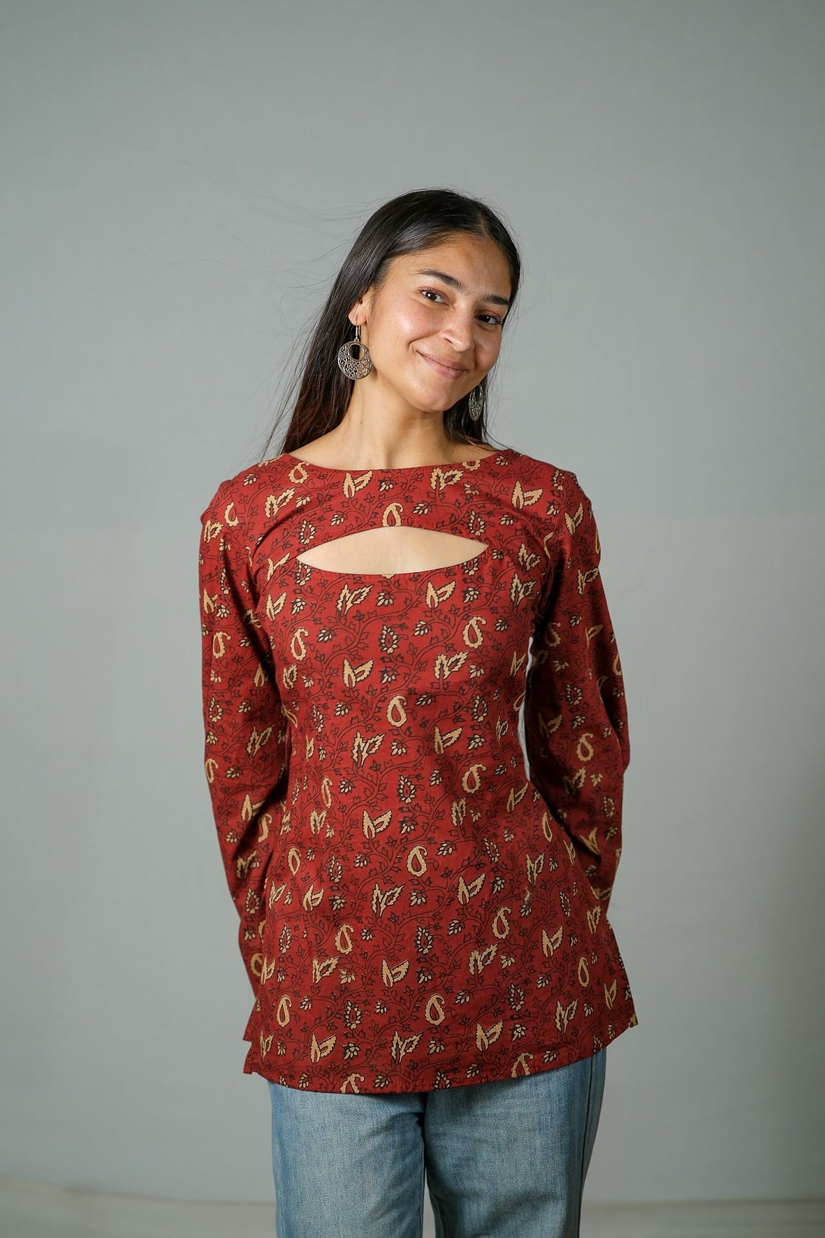 Aarohi – Convertible Printed Cotton Kurti Set (Rust Red)