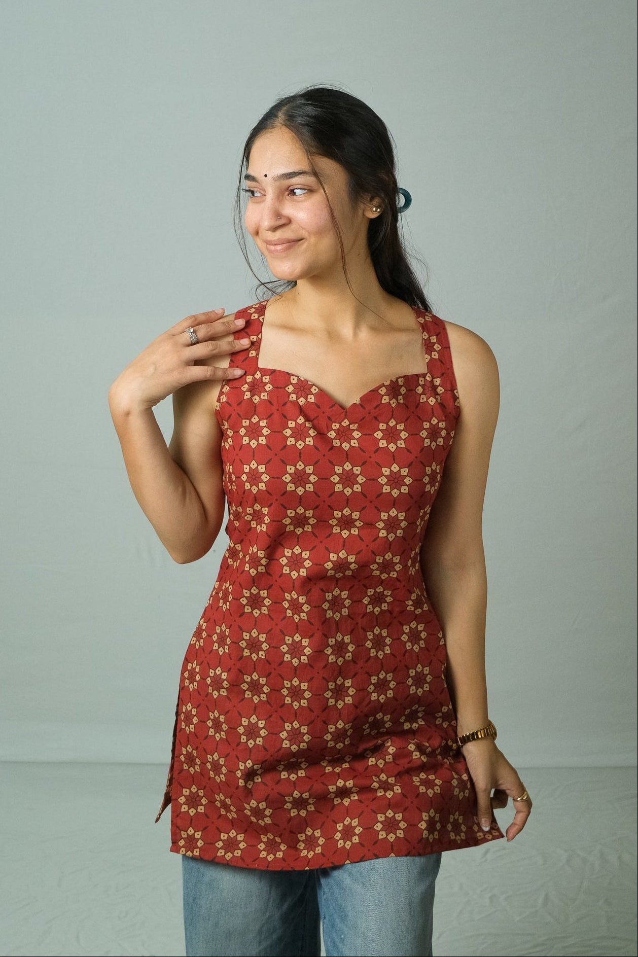 Inaya – Open Back Halter Neck Kurti (Rust Red)