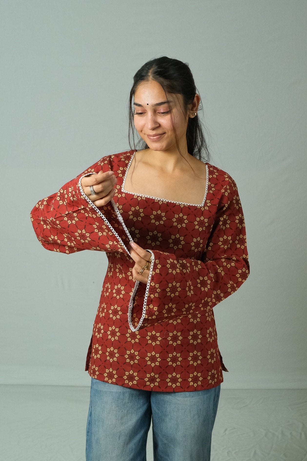 Rivya – Square Neck Kurti (Rust Red)