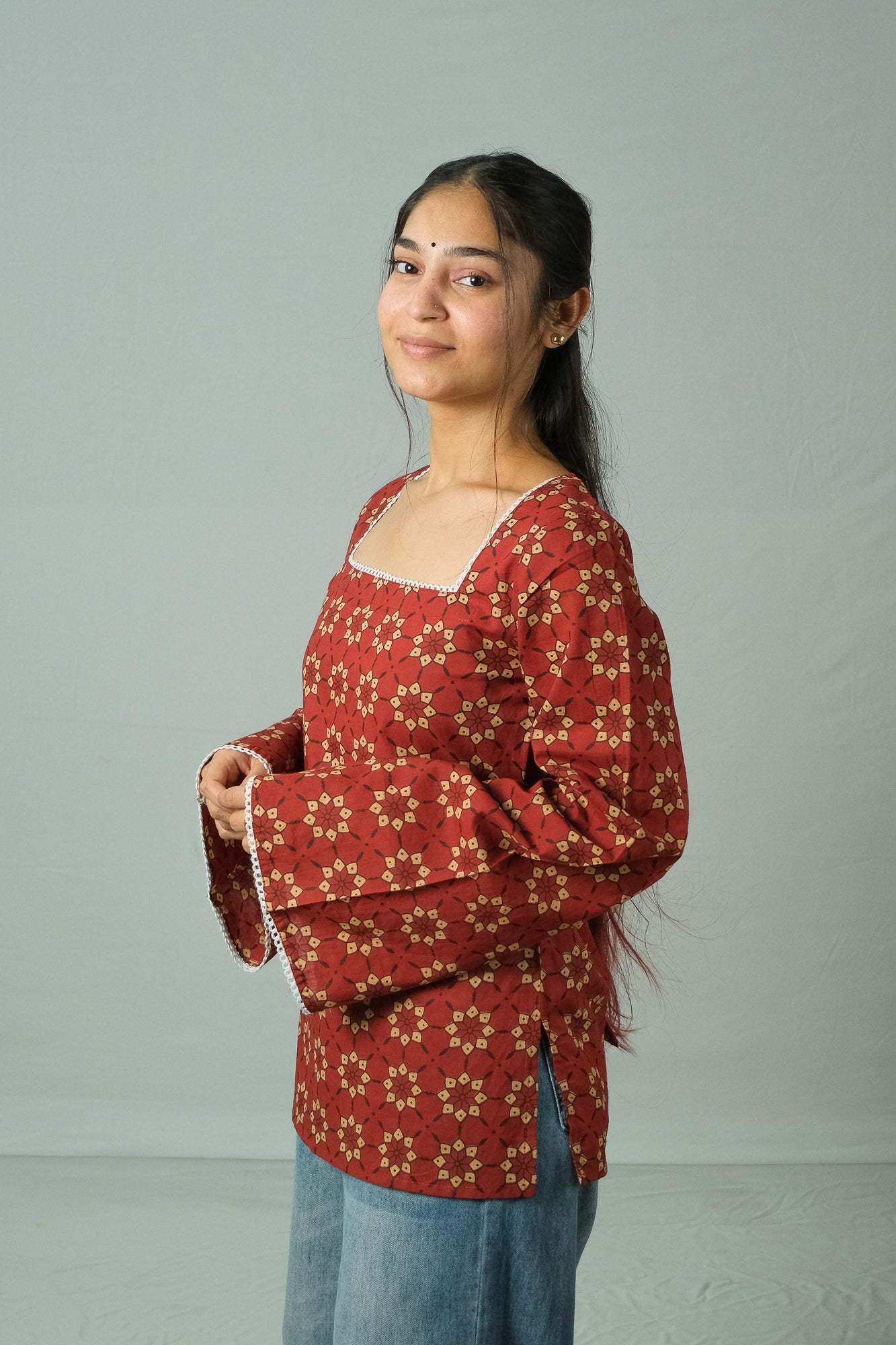 Rivya – Square Neck Kurti (Rust Red)