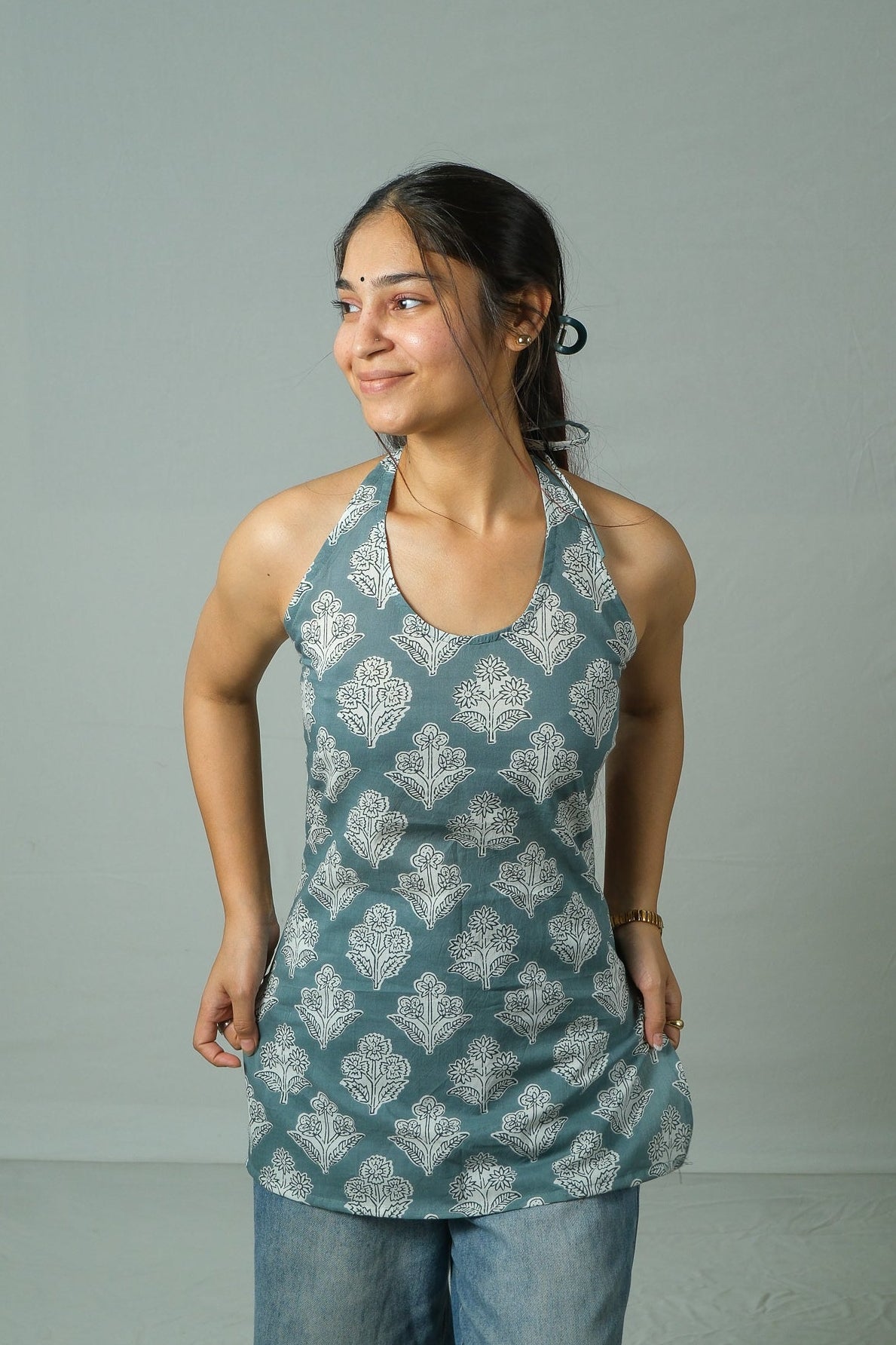 Elia – Corset Halter Neck Top (Grey Teal)