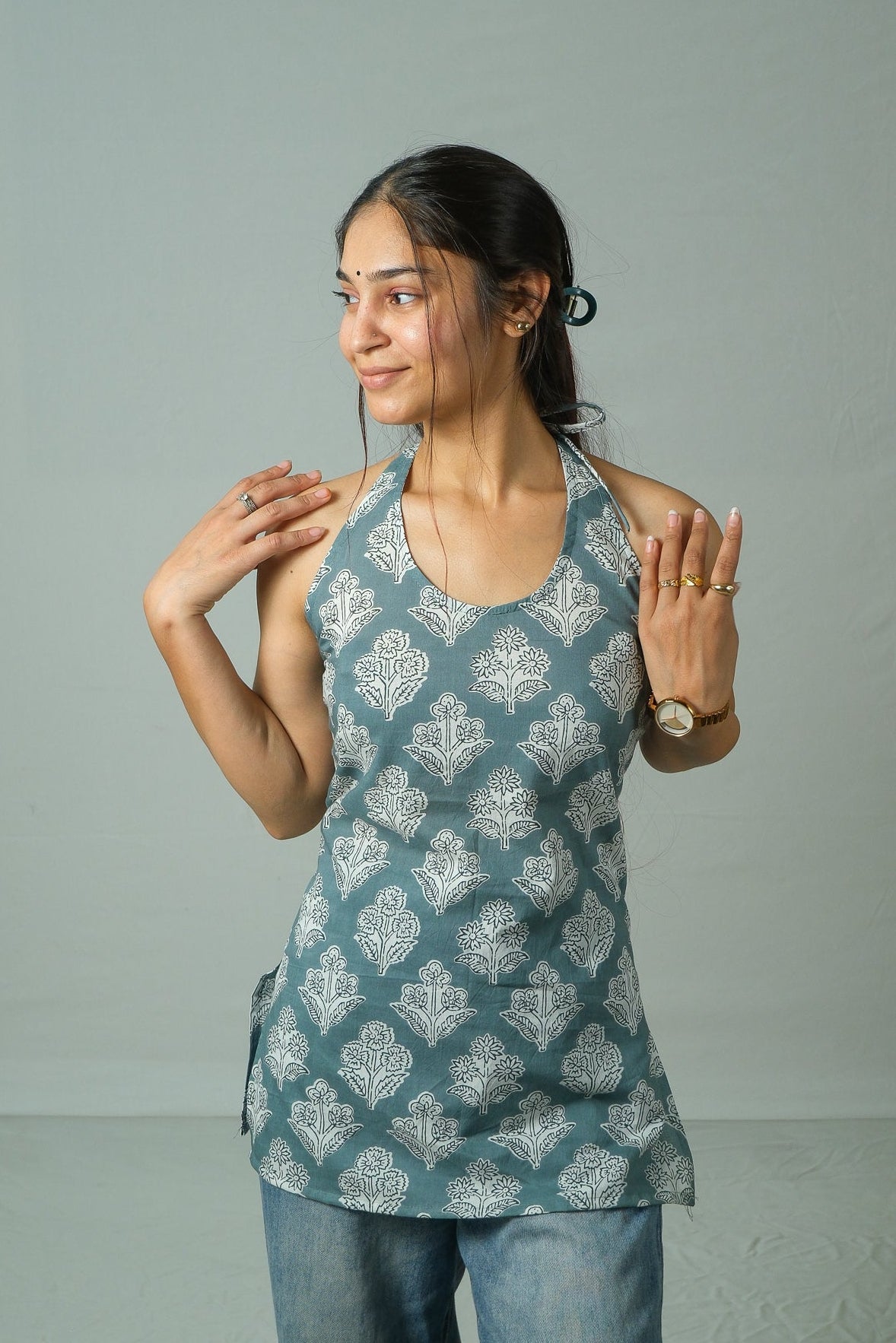 Elia – Corset Halter Neck Top (Grey Teal)