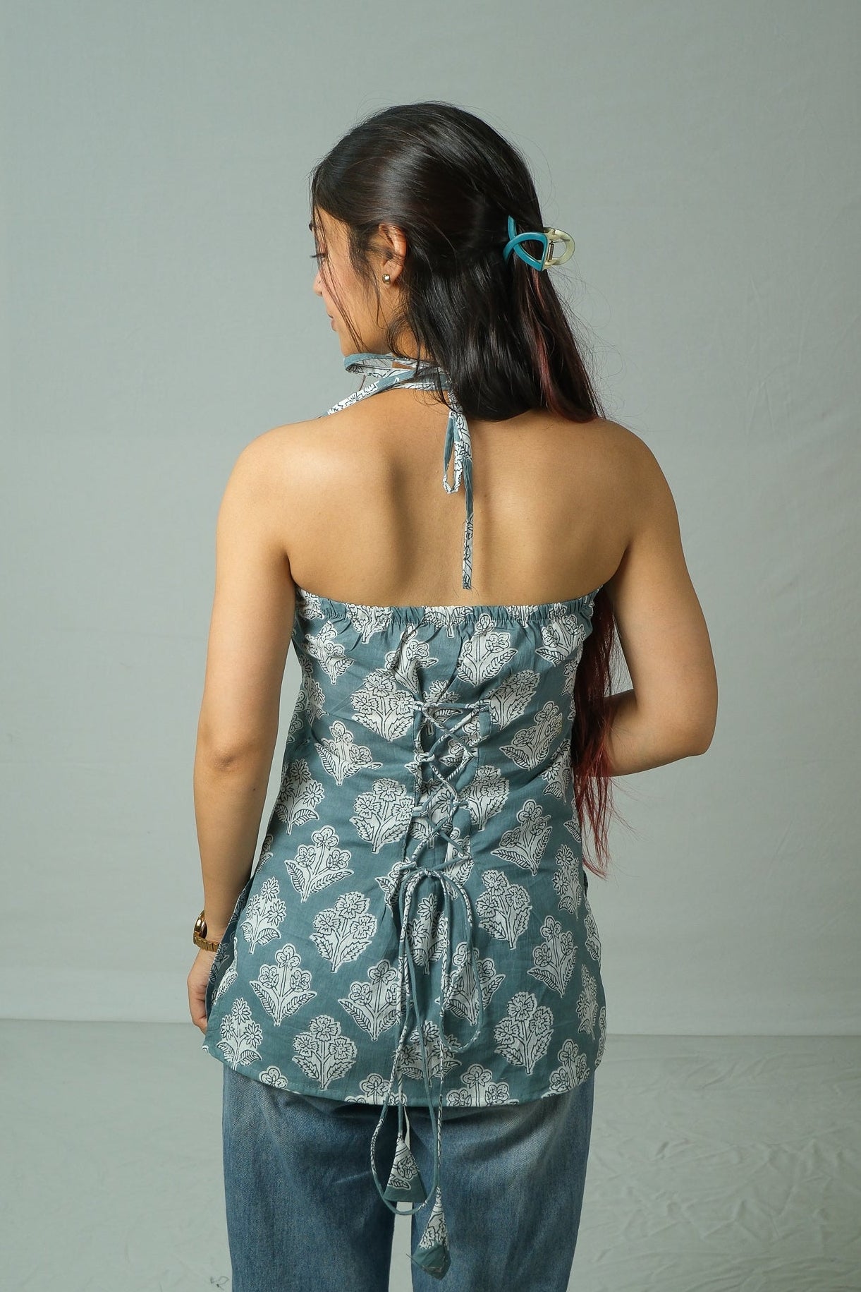 Elia – Corset Halter Neck Top (Grey Teal)