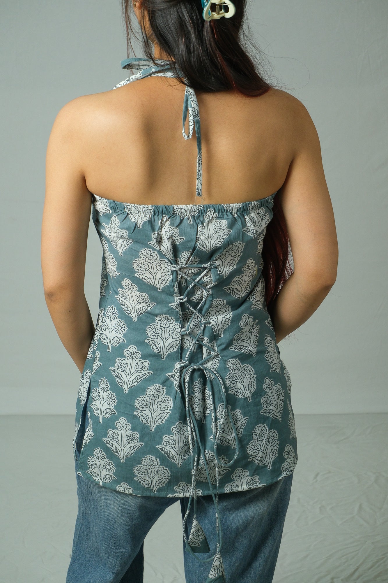 Elia – Corset Halter Neck Top (Grey Teal)