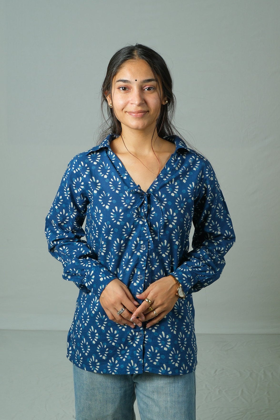 Kiko – Tie-Up Neck Cotton Shirt (Blue)