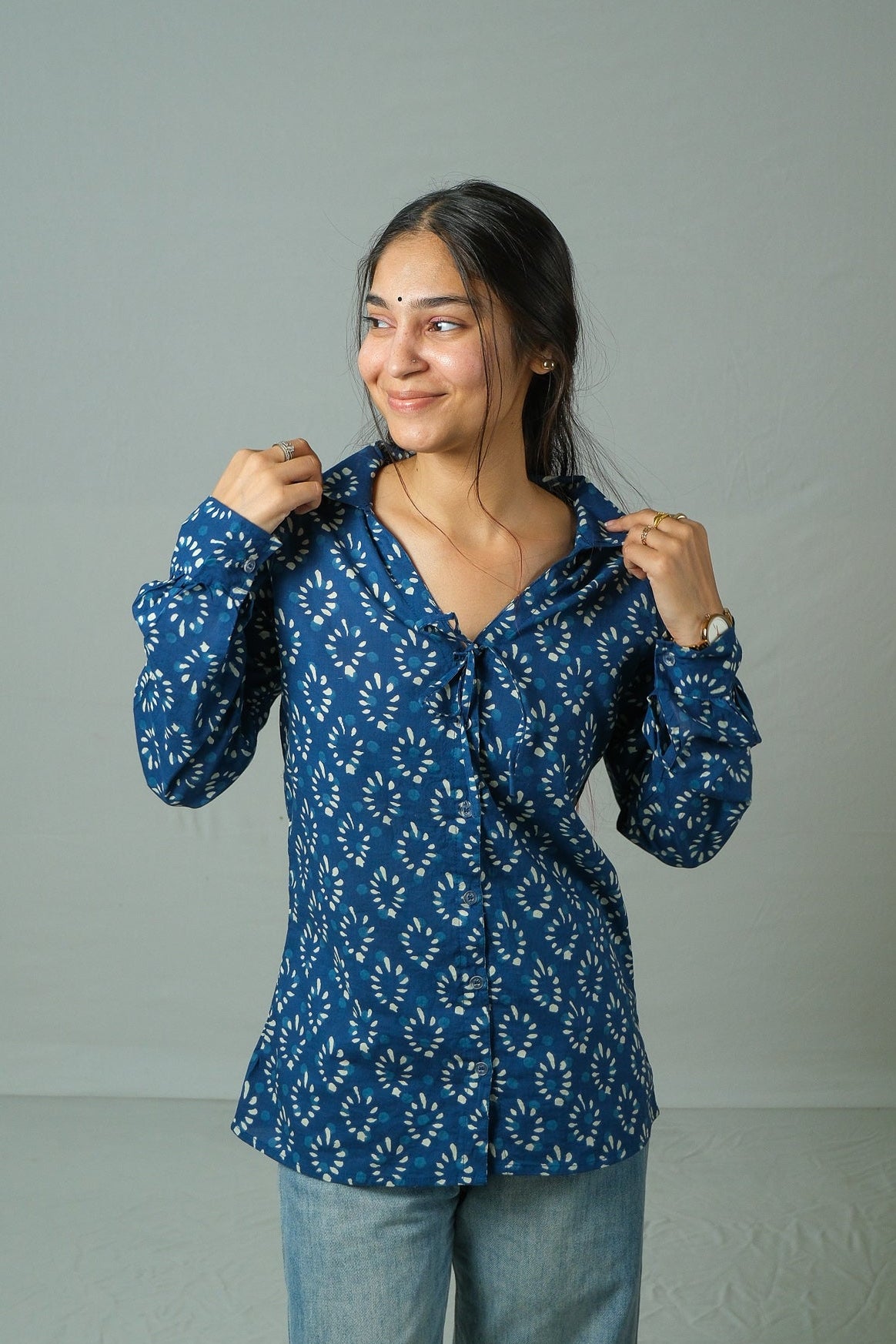 Kiko – Tie-Up Neck Cotton Shirt (Blue)