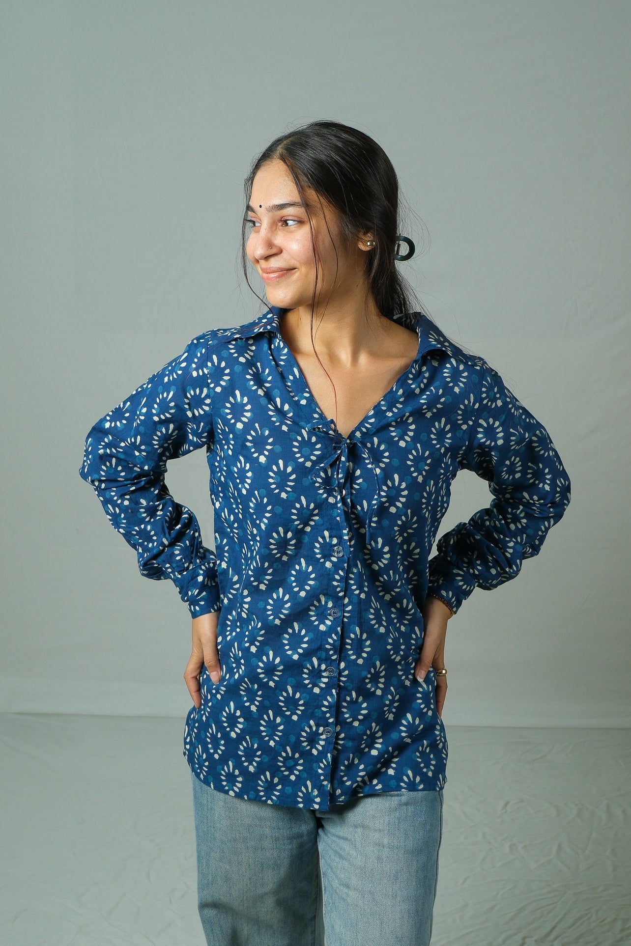 Kiko – Tie-Up Neck Cotton Shirt (Blue)