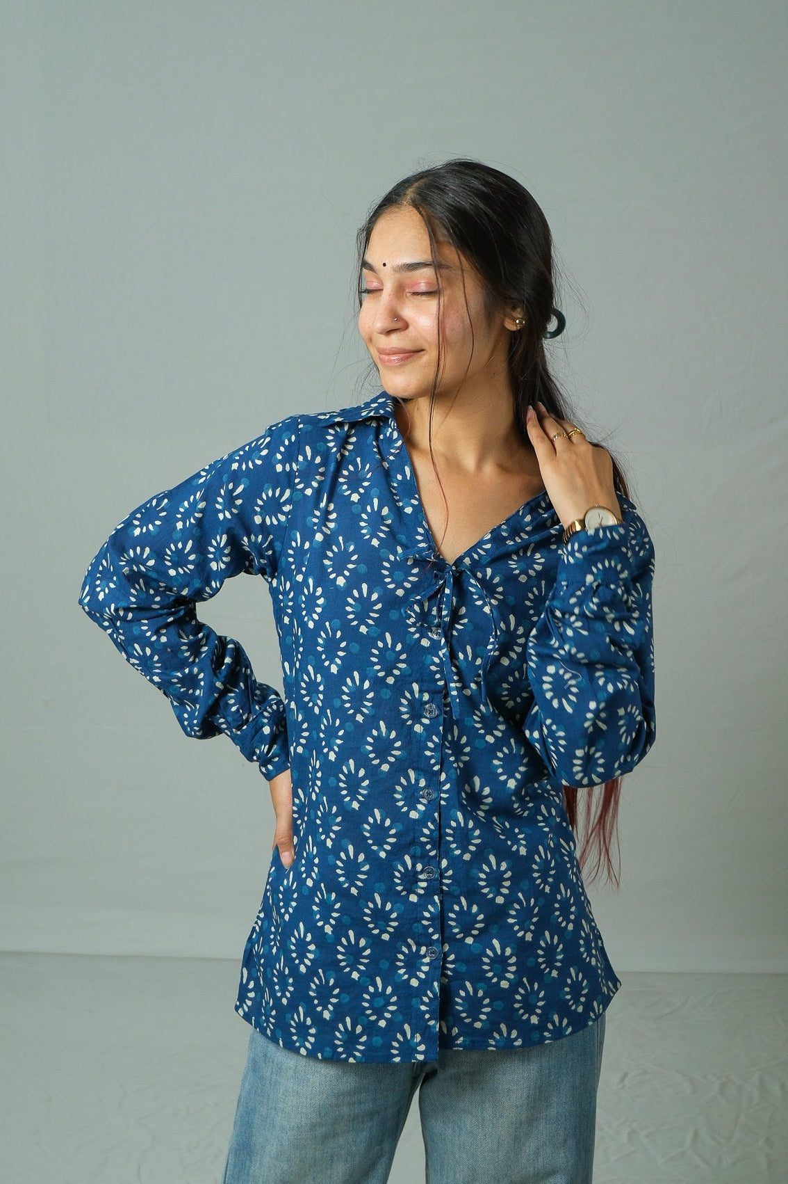 Kiko – Tie-Up Neck Cotton Shirt (Blue)