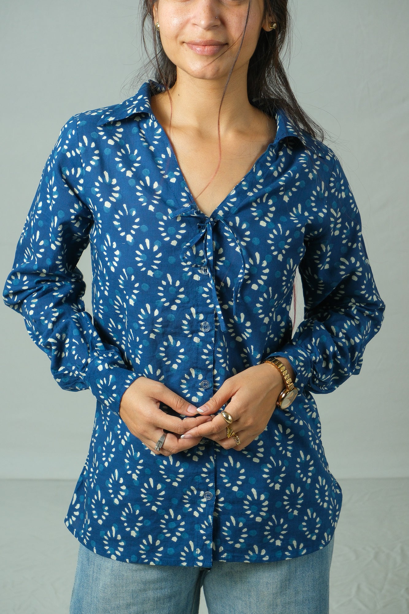 Kiko – Tie-Up Neck Cotton Shirt (Blue)