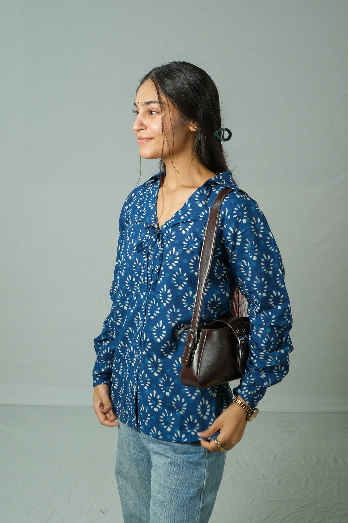 Kiko – Tie-Up Neck Cotton Shirt (Blue)
