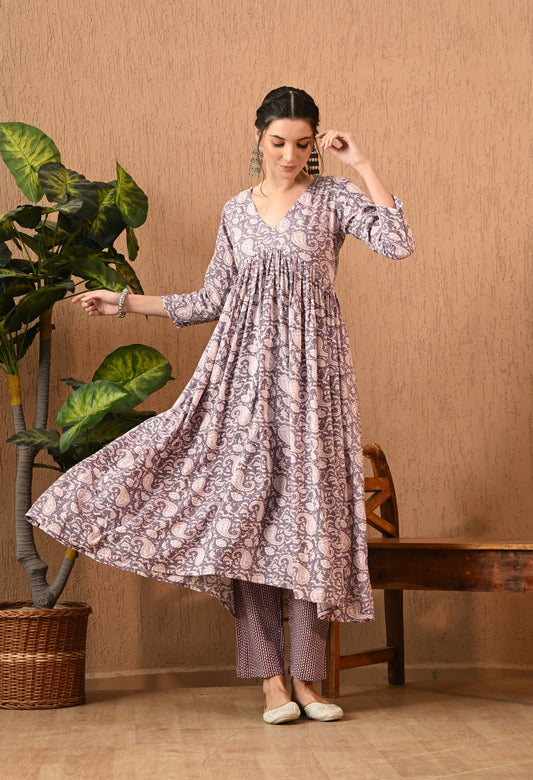 Lavika - Lavender Floral Naira Cut Kurta Pant Set