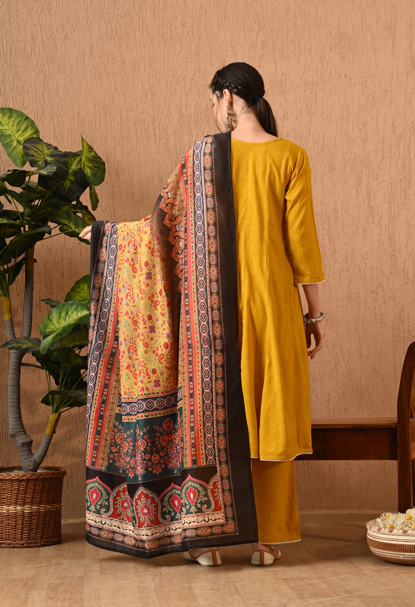 Sonirika - Mustard Floral Printed Anarkali Kurta Pant Set with Digital Print Dupatta