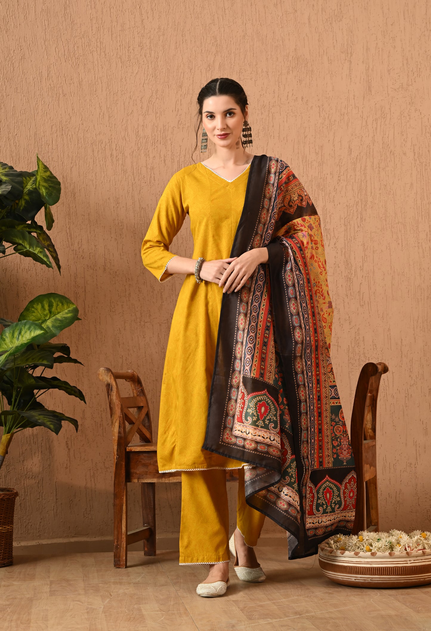 Sonirika - Mustard Floral Printed Anarkali Kurta Pant Set with Digital Print Dupatta