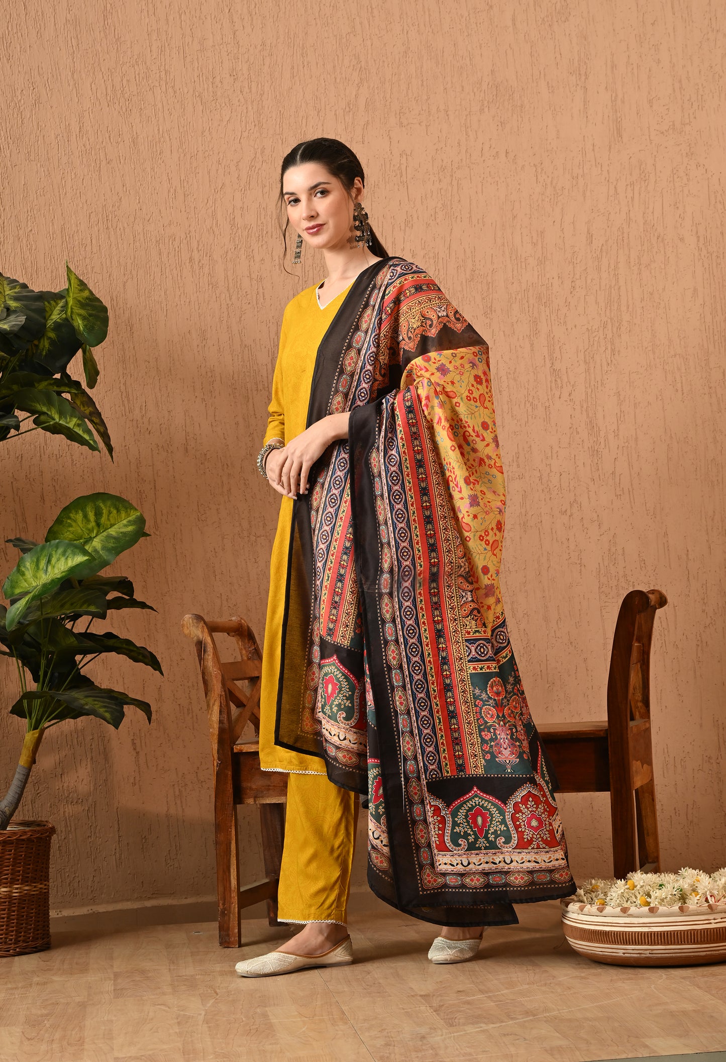 Sonirika - Mustard Floral Printed Anarkali Kurta Pant Set with Digital Print Dupatta