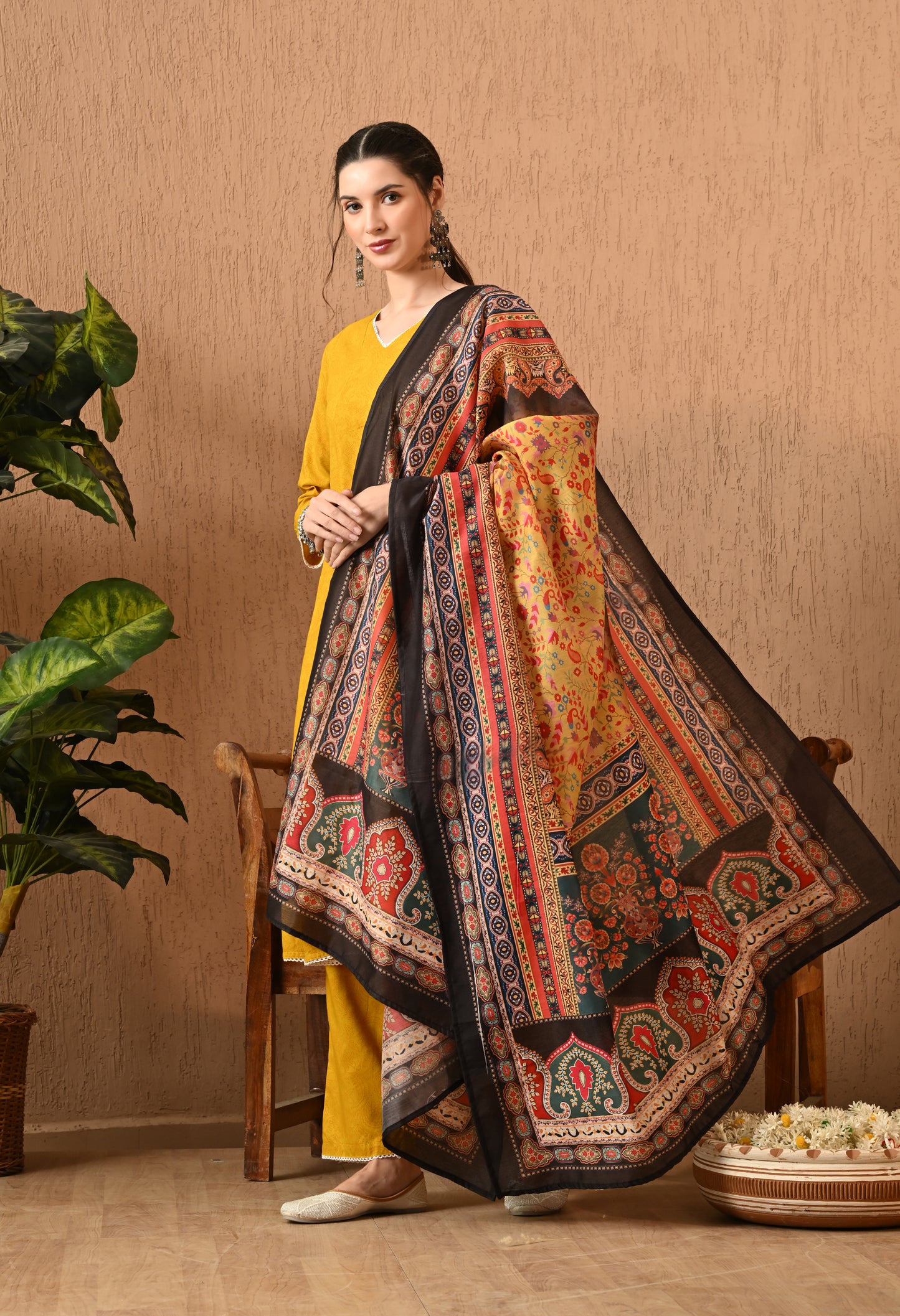 Sonirika - Mustard Floral Printed Anarkali Kurta Pant Set with Digital Print Dupatta