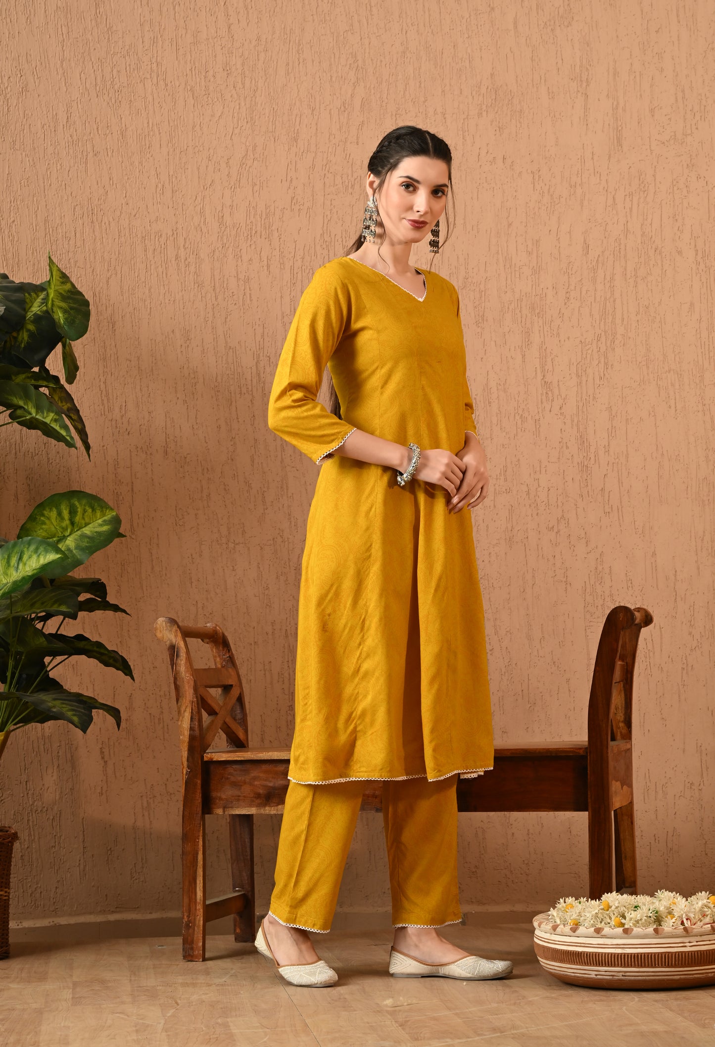 Sonirika - Mustard Floral Printed Anarkali Kurta Pant Set with Digital Print Dupatta