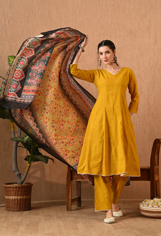 Sonirika - Mustard Floral Printed Anarkali Kurta Pant Set with Digital Print Dupatta