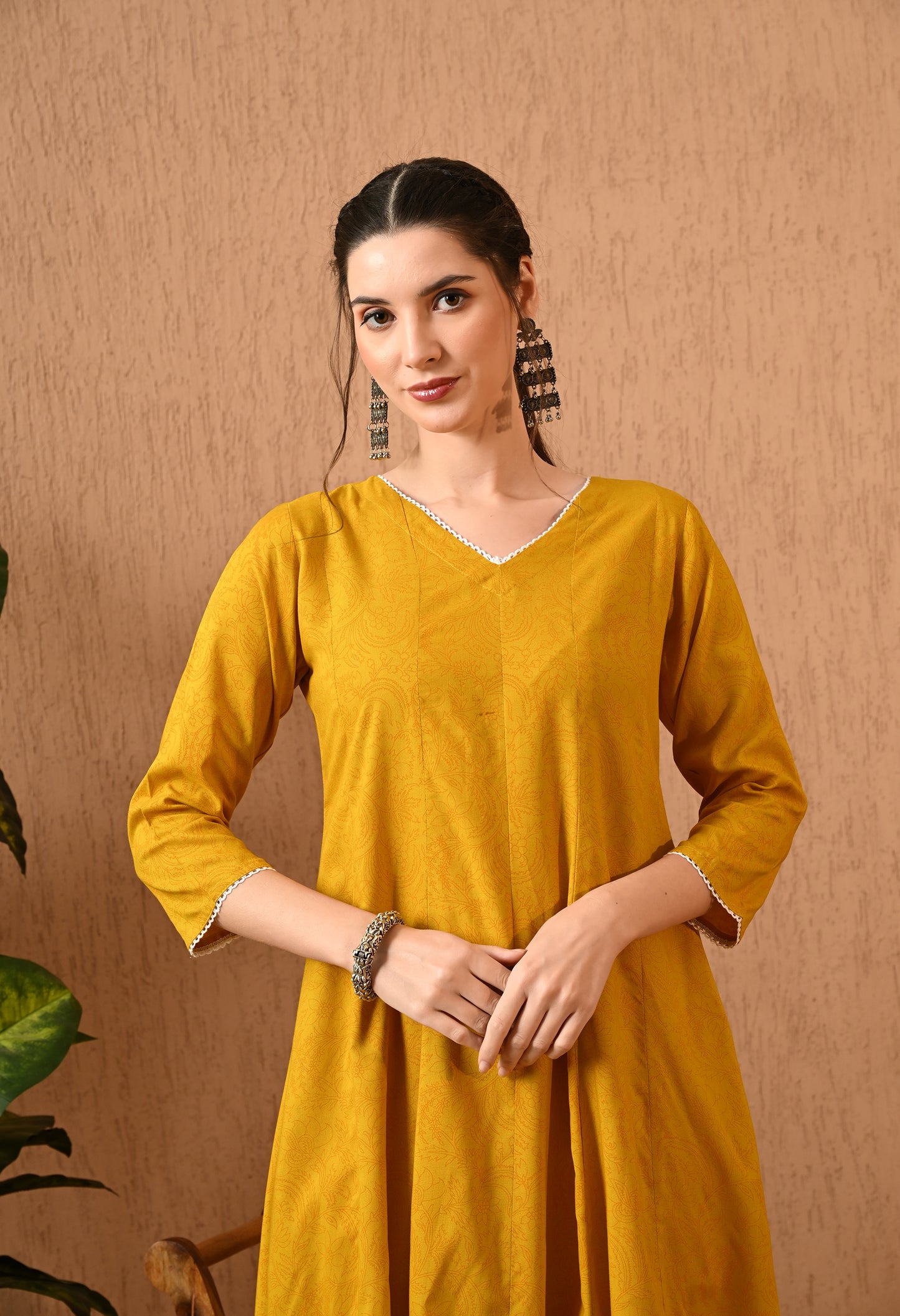 Sonirika - Mustard Floral Printed Anarkali Kurta Pant Set with Digital Print Dupatta