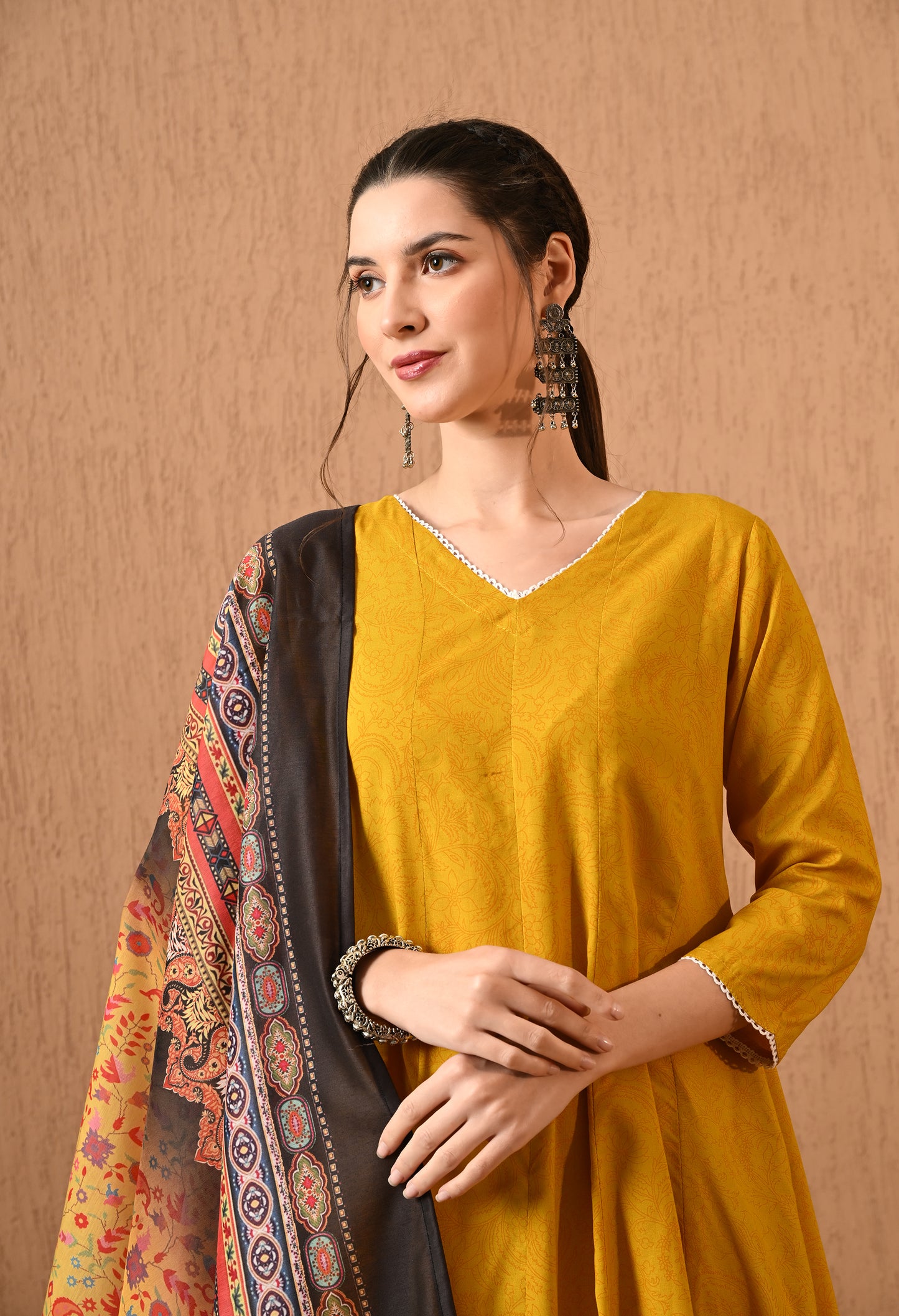 Sonirika - Mustard Floral Printed Anarkali Kurta Pant Set with Digital Print Dupatta