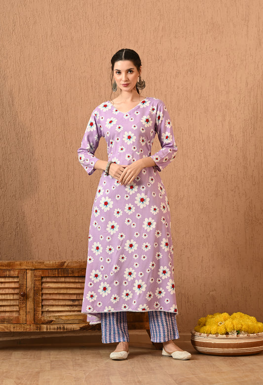 Pravya – Lavender Floral Print Kurta Pant Set with V Neckline