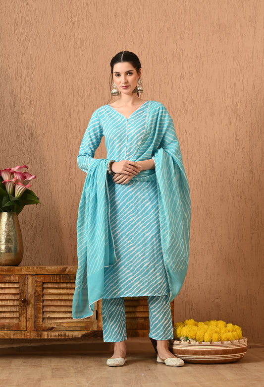 Neelora – Sky Blue Leheriya Print Kurta Set