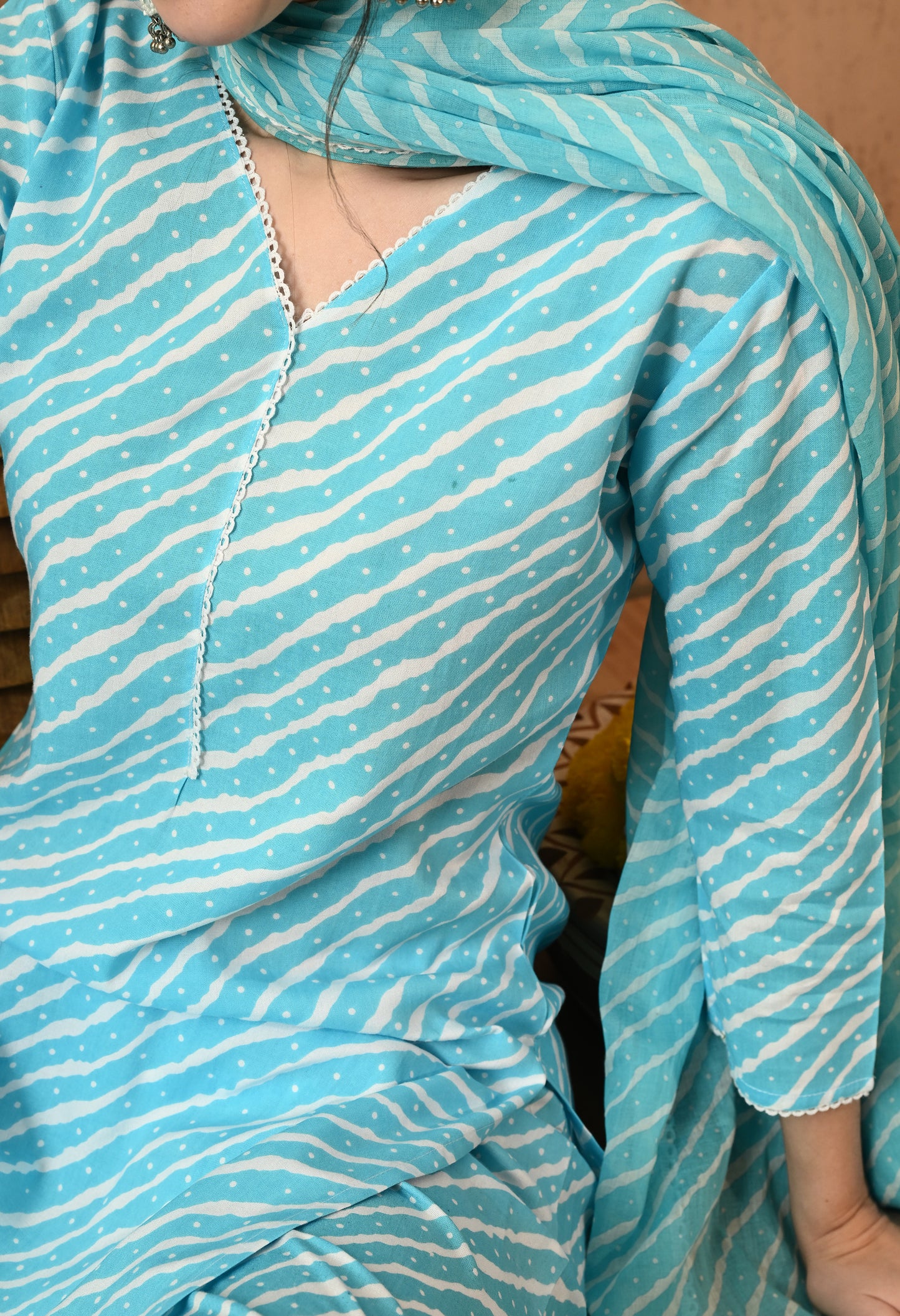 Neelora – Sky Blue Leheriya Print Kurta Set