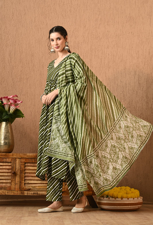 Yashira – Olive Green Leheriya Print Kurta Pant Set with Leheriya Dupatta and Lacework