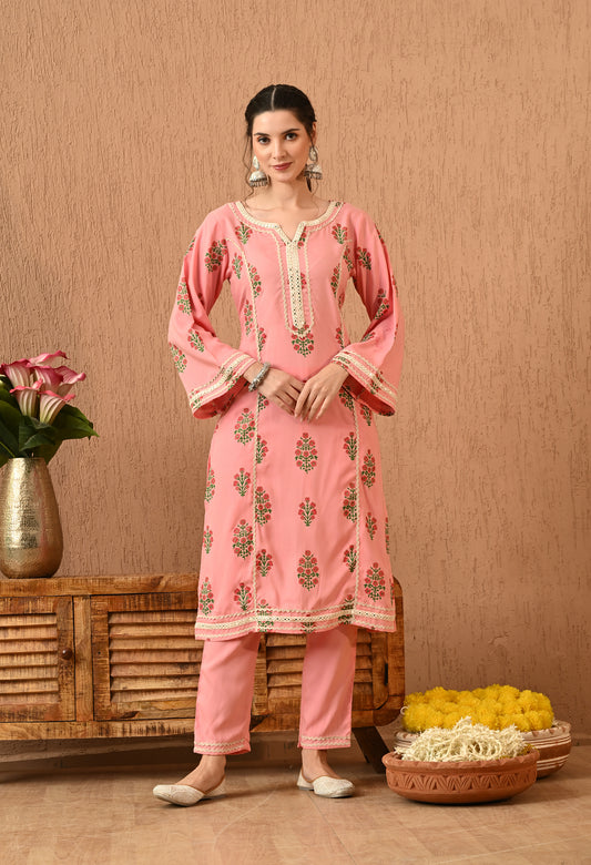 Zariah - Baby Pink Ethnic Motif Pakistani Kurta Pant Set with Mirror Lace