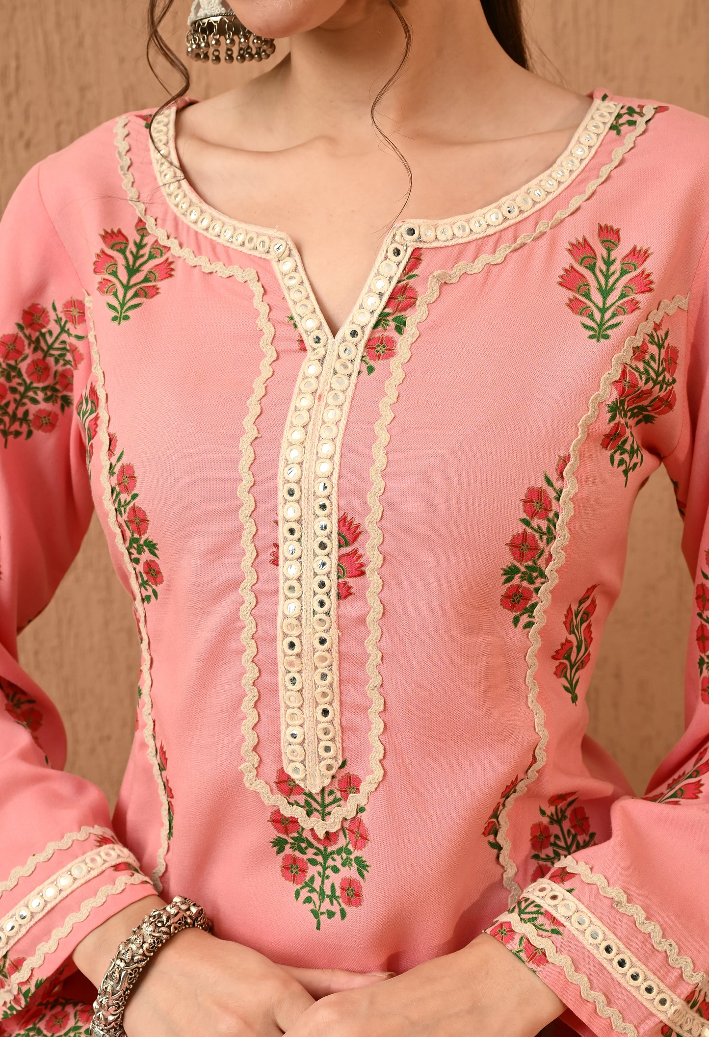 Zariah - Baby Pink Ethnic Motif Pakistani Kurta Pant Set with Mirror Lace