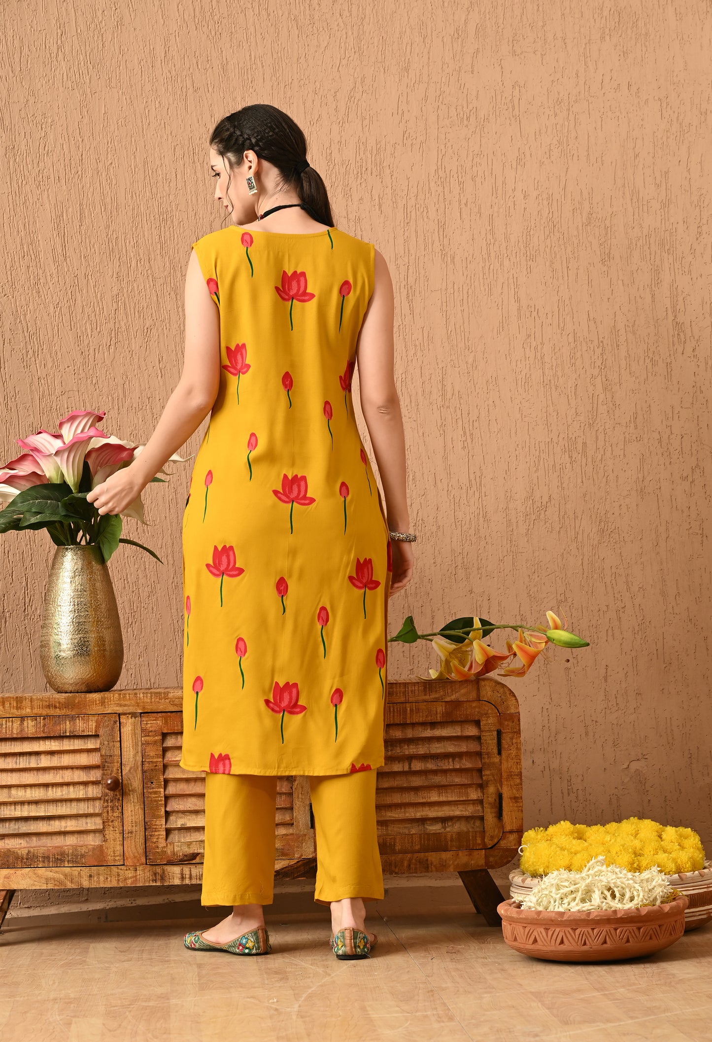 Suryika - Mustard Hand-Painted Lotus Kurta Pant Set with Ombre Tie-Dye Dupatta