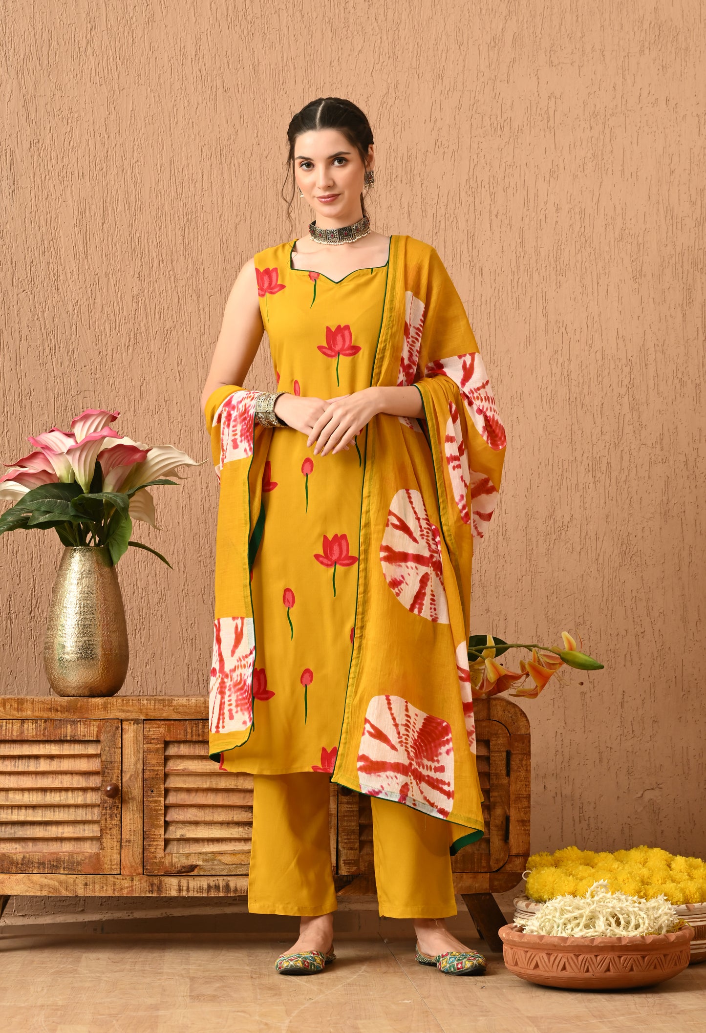 Suryika - Mustard Hand-Painted Lotus Kurta Pant Set with Ombre Tie-Dye Dupatta