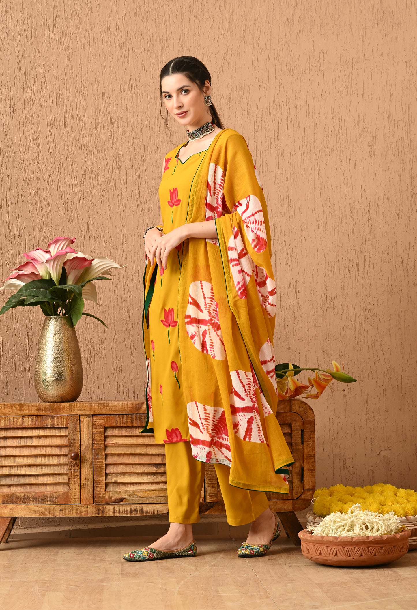 Suryika - Mustard Hand-Painted Lotus Kurta Pant Set with Ombre Tie-Dye Dupatta