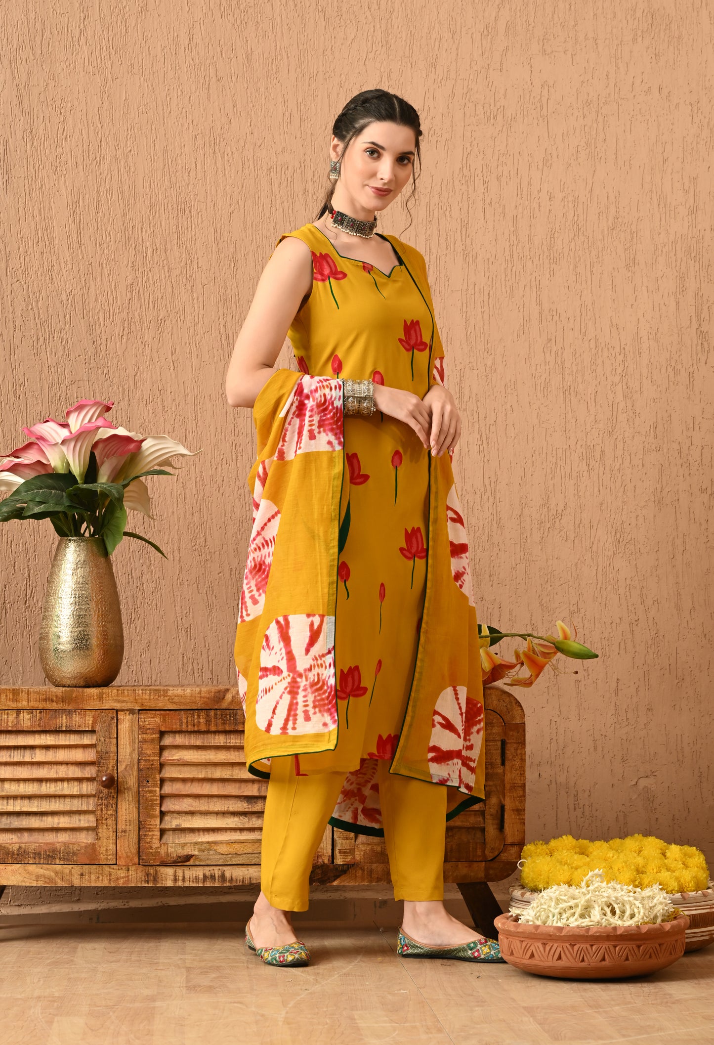 Suryika - Mustard Hand-Painted Lotus Kurta Pant Set with Ombre Tie-Dye Dupatta