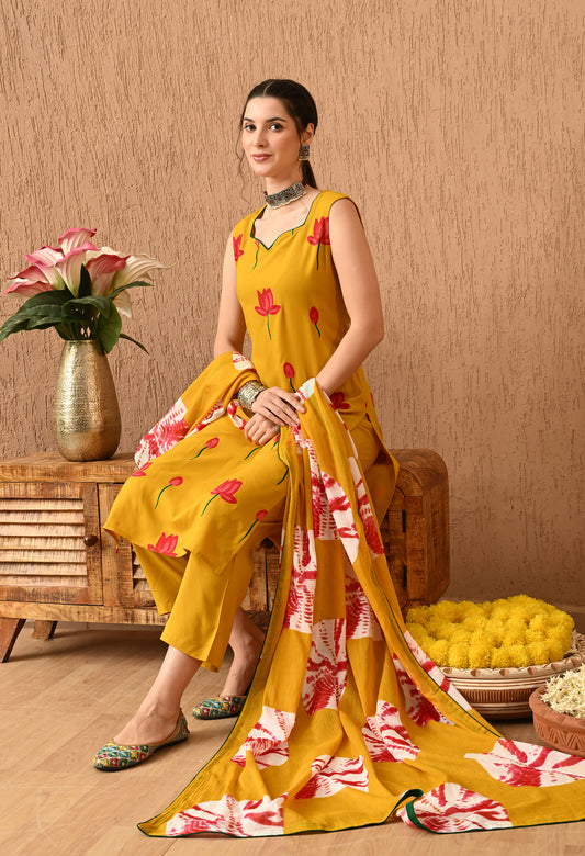 Suryika - Mustard Hand-Painted Lotus Kurta Pant Set with Ombre Tie-Dye Dupatta