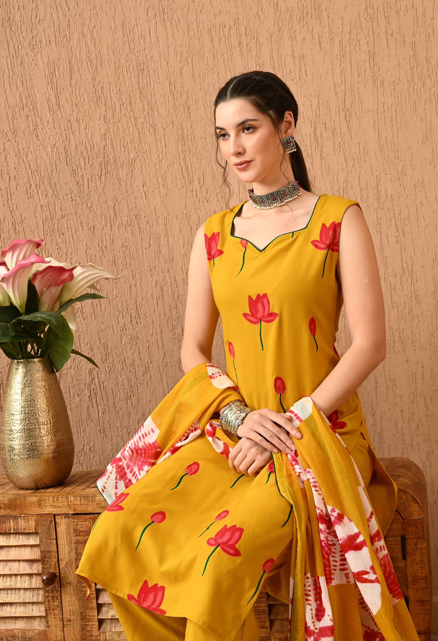 Suryika - Mustard Hand-Painted Lotus Kurta Pant Set with Ombre Tie-Dye Dupatta