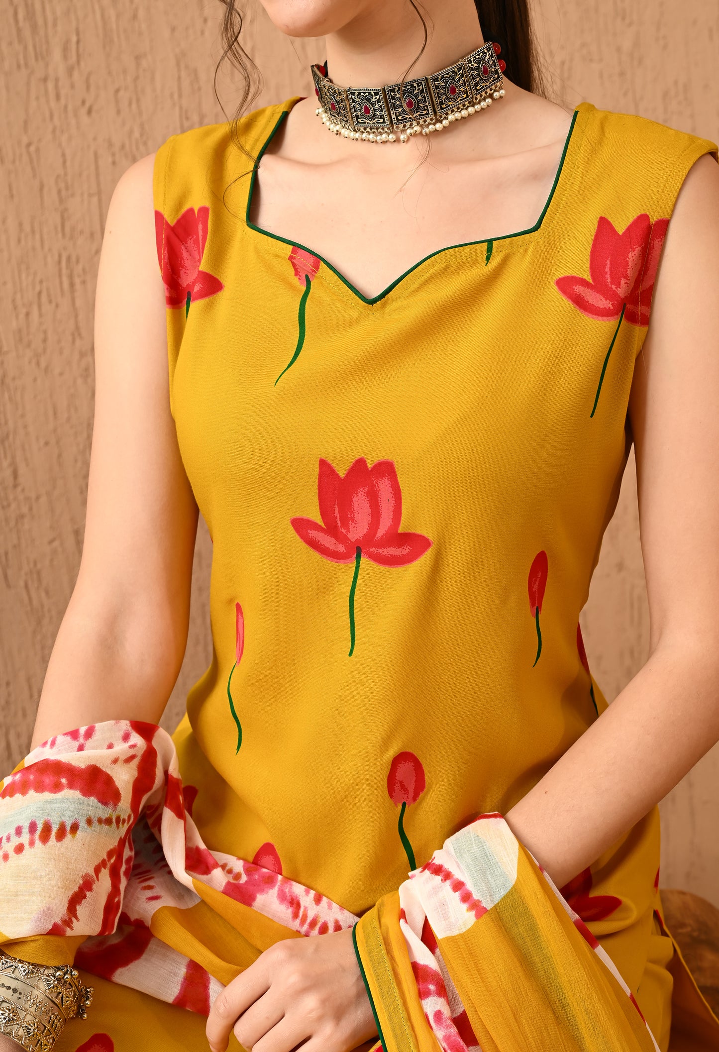 Suryika - Mustard Hand-Painted Lotus Kurta Pant Set with Ombre Tie-Dye Dupatta