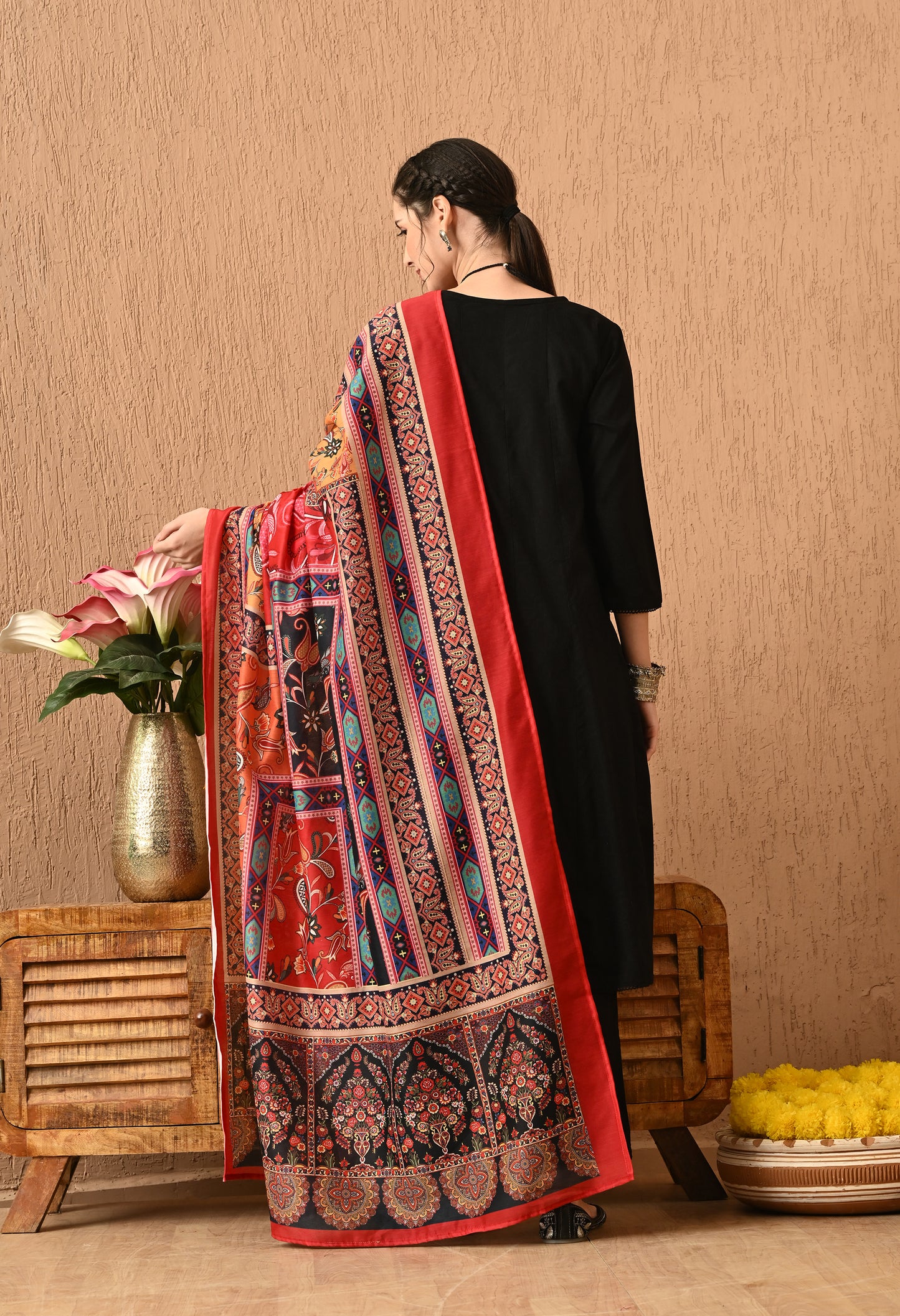 Azhera - Black Printed Anarkali Kurta Pant Set with Digital Print Dupatta