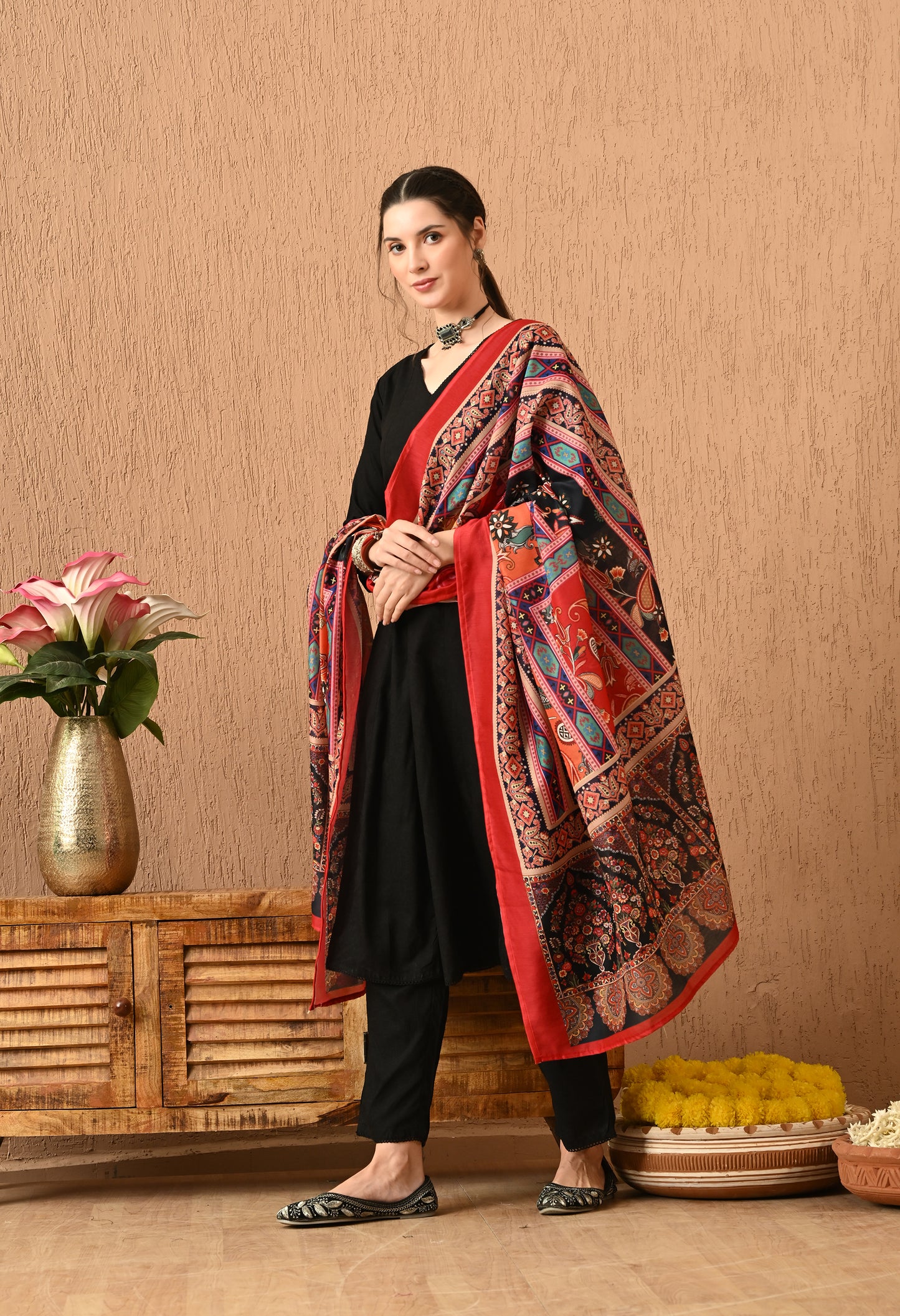 Azhera - Black Printed Anarkali Kurta Pant Set with Digital Print Dupatta