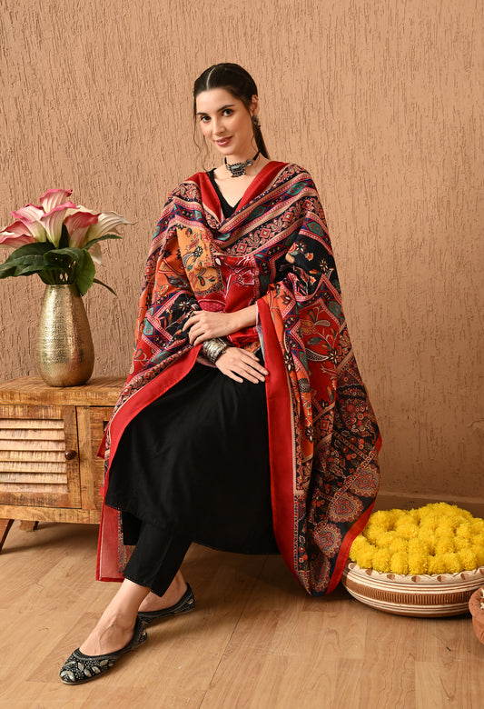 Azhera - Black Printed Anarkali Kurta Pant Set with Digital Print Dupatta