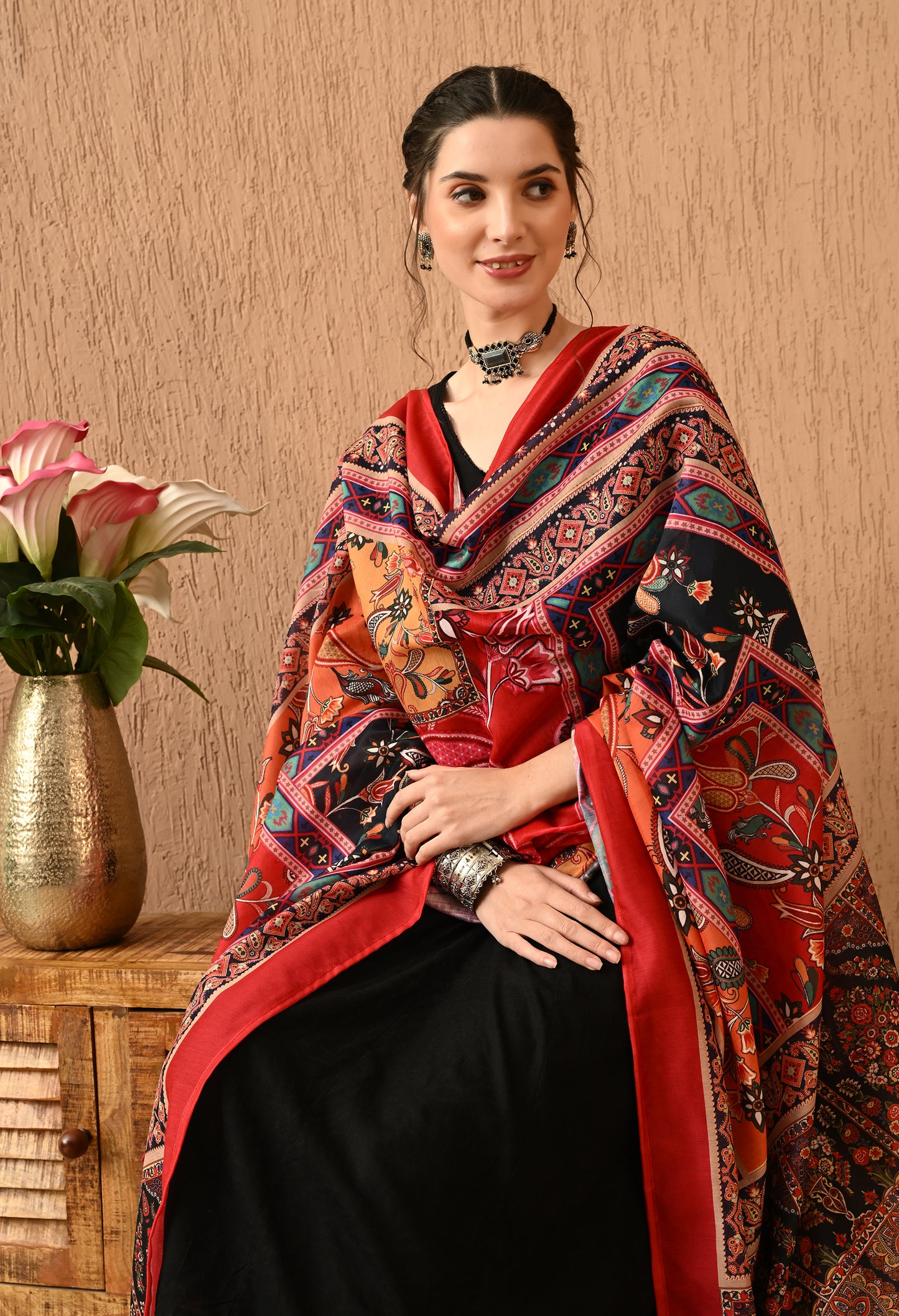 Azhera - Black Printed Anarkali Kurta Pant Set with Digital Print Dupatta