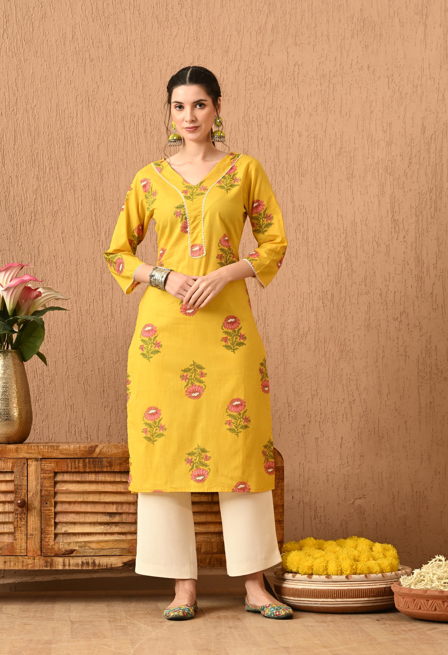 Ravira - Yellow Floral Straight Kurta Pant Set