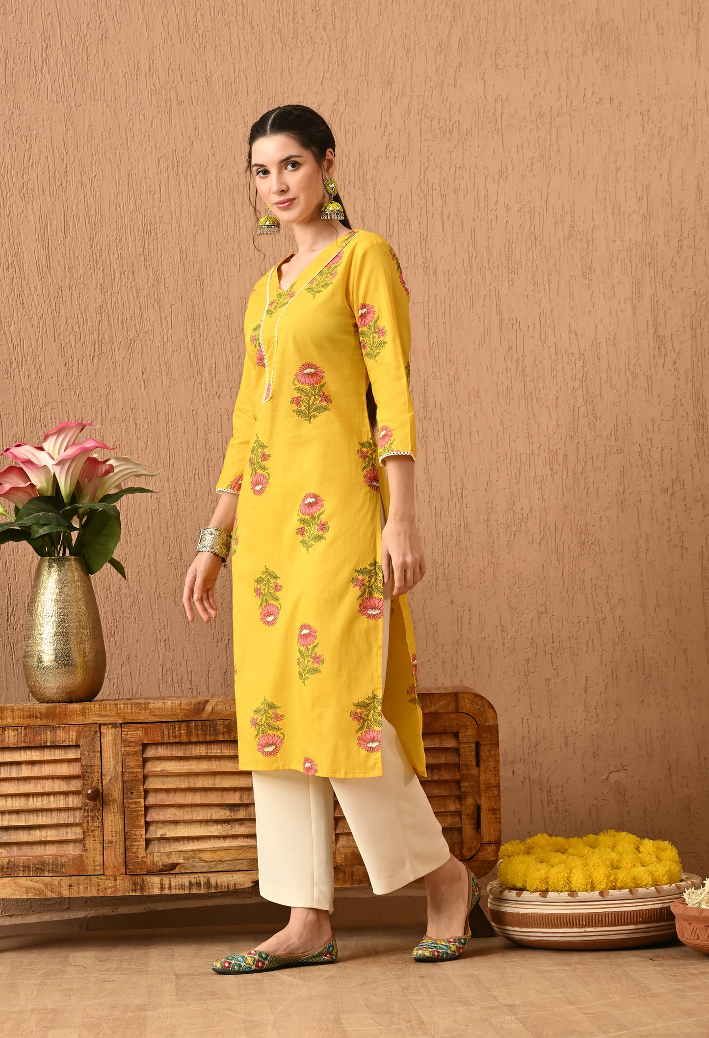 Ravira - Yellow Floral Straight Kurta Pant Set