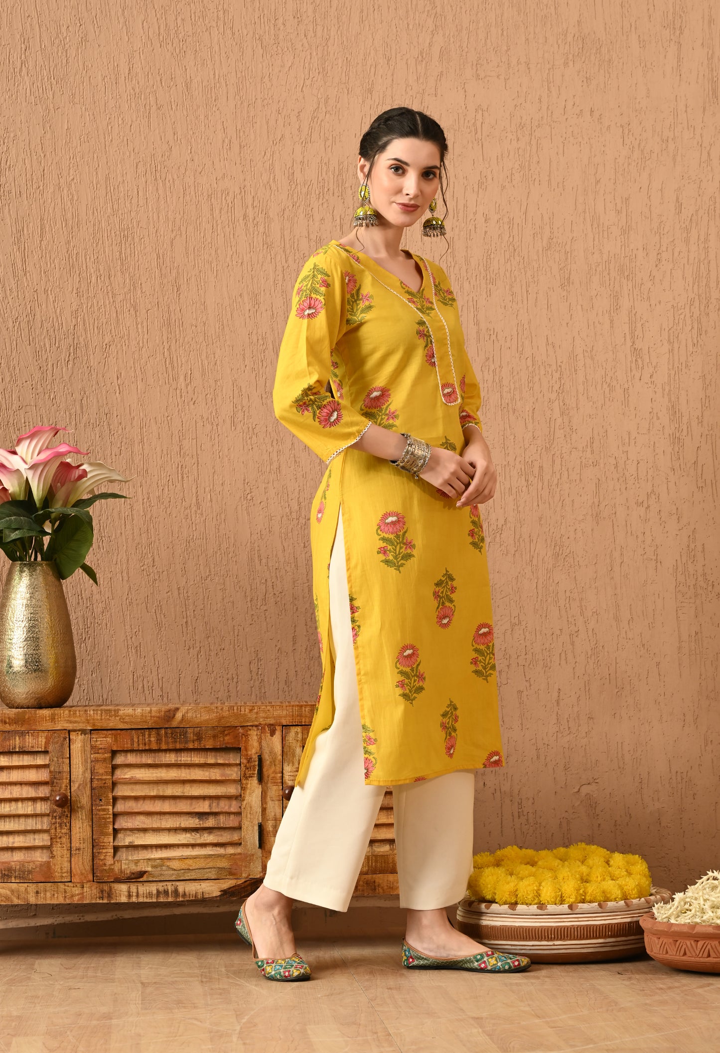 Ravira - Yellow Floral Straight Kurta Pant Set