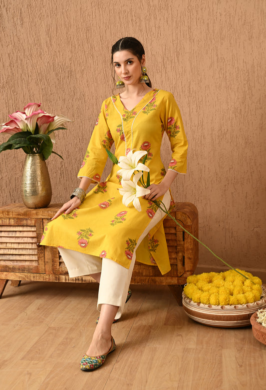 Ravira - Yellow Floral Straight Kurta Pant Set