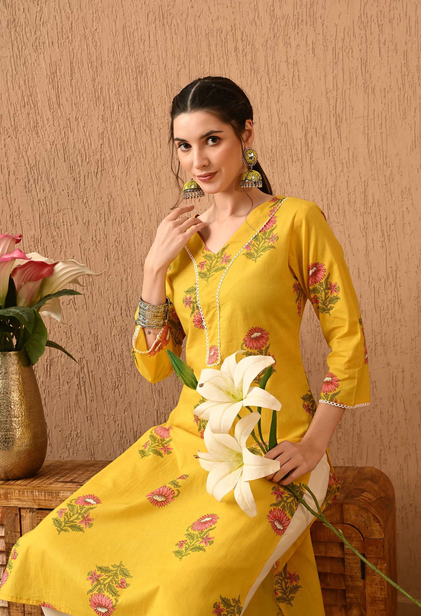 Ravira - Yellow Floral Straight Kurta Pant Set