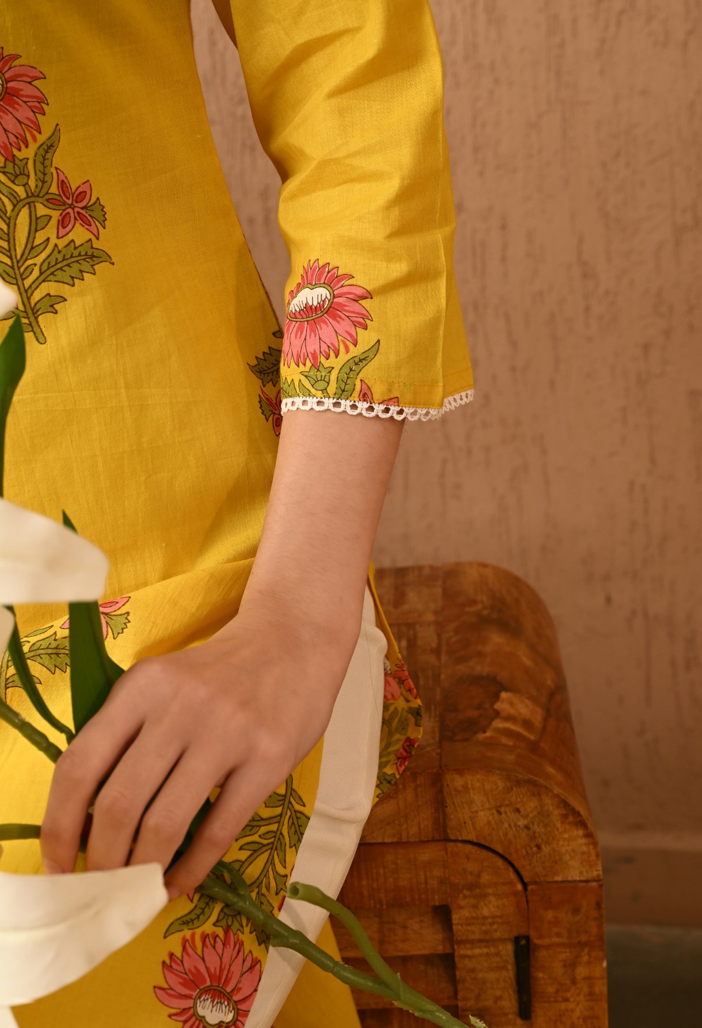 Ravira - Yellow Floral Straight Kurta Pant Set