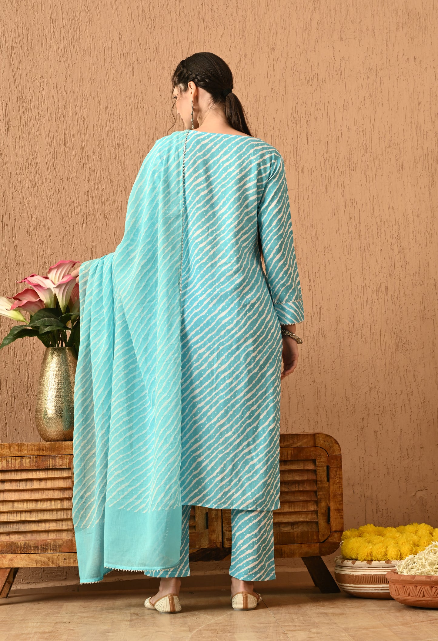 Anvika – Sky Blue Leheriya Placket Kurta Pant and Leheriya Dupatta Set