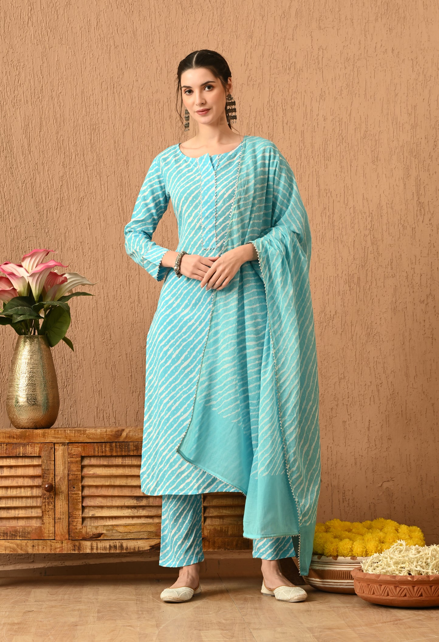Anvika – Sky Blue Leheriya Placket Kurta Pant and Leheriya Dupatta Set